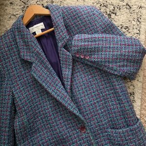 Vintage Liz Claiborne Tweed Blazer Womens 12 Purple Pink Green Preppy 90s Chic